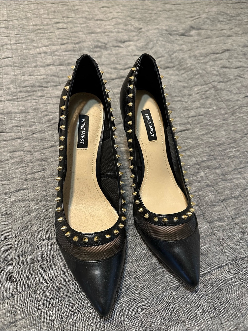 Nine West Black Pointed-Toe Pumps with Gold Stud Trim